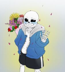 1boy 2018 2d black_shorts blue_blush blue_jacket blush bouquet colored_blush commentary cowboy_shot digital_media english_commentary fallenara flower gradient_background grey_hood hand_up holding holding_bouquet hollow_eyes hood hood_down hooded_jacket humanoid jacket long_sleeves looking_at_viewer male male_focus male_only monster monster_boy open_clothes open_jacket orange_flower petals pink_flower purple_flower red_flower sans_(undertale) shirt shorts simple_background single_vertical_stripe skeleton solo standing striped_shorts teeth undead undertale utdr_(toby_fox) vertical-striped_clothes vertical-striped_shorts white_flower white_shirt white_stripes yellow_background yellow_flower