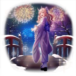  1girl :d aerial_fireworks artist_request aura bare_tree blue_sash bow closed_mouth double-parted_bangs falling_petals fireworks frilled_sleeves frills from_side full_body game_asset grand_summoners hair_between_eyes hair_bow hands_up horns japanese_clothes kimono long_hair looking_at_viewer looking_to_the_side night obi official_alternate_costume official_art oni open_mouth outdoors petals pink_hair pink_petals purple_bow purple_kimono red_eyes sandals sash shuna_(tensura) simple_background sleeves_past_fingers sleeves_past_wrists smile snow socks solo sparkle standing tabi tensei_shitara_slime_datta_ken transparent_background tree two-tone_sash white_horns white_socks wide_sleeves yellow_sash zouri 