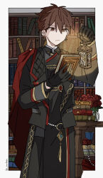  1boy am_ber black_gloves book bookshelf brown_eyes brown_hair closed_mouth collared_shirt commentary_request earrings ensemble_stars! flower gloves hands_up highres holding holding_book jewelry lantern lapels long_sleeves male_focus morisawa_chiaki notched_lapels official_alternate_costume red_flower red_rose rose scorpio_no_doku_(ensemble_stars!) shirt short_hair solo twitter_username wing_collar 