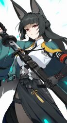  1girl animal_ear_fluff animal_ears aqua_jacket black_hair black_necktie black_skirt closed_mouth fingerless_gloves fox_ears fox_girl gauntlets gloves high-waist_skirt highres holding holding_sword holding_weapon hoshimi_miyabi jacket katana long_hair looking_at_viewer necktie red_eyes shirt simple_background single_fingerless_glove single_gauntlet skirt solo sword thuzuku_ne39 weapon white_background white_shirt zenless_zone_zero 