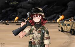  82nd_airborne aircraft akita_neru assault_rifle camouflage camouflage_jacket camouflage_pants combat_helmet commentary desert desert_camouflage drill_hair english_commentary fire flashlight gulf_war gun hatsune_miku heart helmet highres holding holding_gun holding_weapon humvee insignia iraq jacket kasane_teto m16 m16a2 military military_uniform military_vehicle motor_vehicle multiple_girls pants placeholderu247 red_eyes red_hair rifle sand smoke soldier t-72 tank triple_baka_(group) twin_drills united_states_army utau vocaloid weapon webbing 