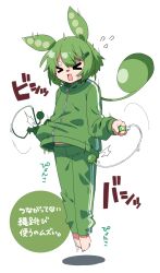  >_< 1girl absurdres animal_ears closed_eyes commentary_request datemegane edamame flying_sweatdrops full_body green_hair green_jacket green_pants hair_ornament hairclip highres jacket jump_rope jumping long_hair long_sleeves open_mouth pants simple_background solo sweat track_jacket track_pants track_suit translation_request voicevox white_background zundamon 