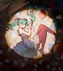  1girl ace_(playing_card) ace_of_spades agyou_sonokou_l artist_name ball beachball bird's_eye_view black_shoes blender_(medium) blue_dress blue_eyes book book_stack card clip_studio_paint_(medium) clown_mask commentary_request curled_up diamond_(shape) dress fingernails from_above full_body gears green_hair green_nails hair_ribbon hatsune_miku heart highres holding holding_mask indoors karakuri_pierrot_(vocaloid) long_hair lying making-of_available mary_janes mask nail_polish on_floor on_side pantyhose parted_lips partial_commentary playing_card props red_pantyhose red_ribbon ribbon shadow shoes short_sleeves signature smile solo spade_(shape) spotlight twintails two-tone_dress vocaloid white_dress winding_key wooden_floor 