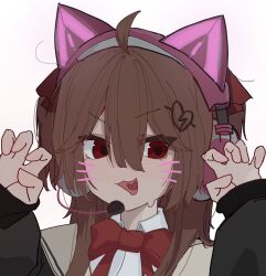  1girl ahoge anannnse animal_ear_headphones animal_ears black_cardigan broken_heart broken_heart_hair_ornament cardigan cat_ear_headphones cat_ears claw_pose collared_shirt commentary dress_shirt evil_neuro-sama evil_neuro-sama_(1st_costume) fake_animal_ears hair_between_eyes hair_ornament hair_ribbon headphones heart heart_hair_ornament heart_tongue highres long_hair long_sleeves open_mouth red_eyes red_ribbon ribbon shirt simple_background solo two_side_up upper_body vedal_ai virtual_youtuber white_background white_shirt 