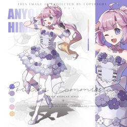  1girl :d ;d anyoji_hime bare_shoulders blonde_hair blue_eyes character_name collarbone color_guide dress full_body gradient_hair grey_hairband grey_shoes hair_ribbon hairband high_heels highres holding holding_microphone ima_kako_mirai_no_sangenshoku leg_up looking_at_viewer love_live! love_live!_hasu_no_sora_jogakuin_school_idol_club microphone multicolored_hair one_eye_closed open_mouth pantyhose pink_hair ponytail purple_dress ribbon ruoguiling salute sample_watermark shoes smile solo strapless strapless_dress v-shaped_eyebrows virtual_youtuber watermark white_pantyhose white_ribbon zoom_layer 