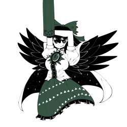  1girl alternate_eye_color arm_cannon arms_up avian_zebra bird_wings black_hair black_wings bow breasts bright_pupils cape center_frills chest_eye closed_mouth collared_shirt commentary dot_nose flat_color frilled_shirt frills green_bow green_eyes green_skirt hair_bow highres large_breasts limited_palette long_hair puffy_short_sleeves puffy_sleeves reiuji_utsuho shirt short_sleeves simple_background skirt smirk solo starry_sky_print third_eye touhou two-sided_cape two-sided_fabric v-shaped_eyebrows weapon white_background white_cape white_pupils wings 