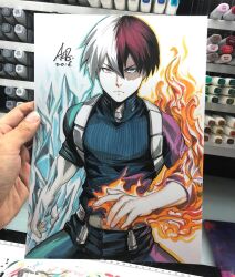  1boy art_tools_in_frame artist's_hand_in_frame blue_eyes boku_no_hero_academia brown_eyes burn_scar closed_mouth commentary cryokinesis english_commentary fire heterochromia looking_at_viewer male_focus marker_(medium) multicolored_hair photo_(medium) pyrokinesis red_hair scar scar_on_face signature solo split-color_hair stanley_lau sweater todoroki_shoto traditional_media turtleneck turtleneck_sweater two-tone_hair white_background white_hair 
