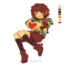  1other androgynous blush_stickers brown_hair brown_shoes brown_shorts brown_socks chara_(undertale) color_guide commentary crythartic english_commentary green_sweater heart highres looking_at_viewer other_focus red_soul_(utdr) shoes shorts simple_background smile socks soul_(utdr) striped_clothes striped_sweater sweater two-tone_sweater undertale utdr_(toby_fox) white_background 