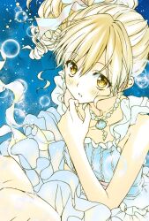 :o blonde_hair bubble character_request clam clam_shell clam_shell_ornament dress drill_hair frilled_dress frills highres jewelry kiri_200n looking_at_viewer necklace pearl_necklace yellow_eyes 