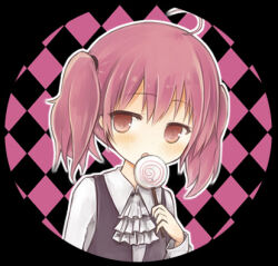  1girl :o ahoge amakaze_sora argyle_background black_vest border brown_eyes candy collared_shirt food hair_between_eyes holding holding_candy holding_food holding_lollipop lollipop long_sleeves lowres original outline parted_lips pink_hair puffy_long_sleeves puffy_sleeves round_border shirt solo swirl_lollipop twintails upper_body vest white_outline white_shirt 