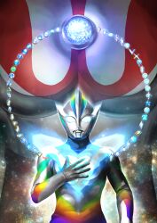  2boys absurdres alien blue_skin color_timer colored_skin commentary compound_eyes dorsal_fin fading galaxy_background giant giant_male glowing glowing_eyes hand_on_own_chest hand_up highres in-franchise_crossover light_rays looking_at_viewer male_focus multicolored_skin multiple_boys no_pupils omotyazukiyasan pectorals pointy_ears rainbow_skin red_skin silver_skin solo_focus tokusatsu toned toned_male ultra_series ultraman ultraman_(1st_series) ultraman_teo ultraman_teo_(series) upper_body white_eyes 