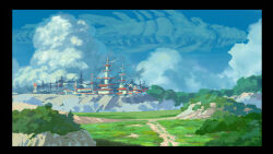  black_border blue_sky border city clouds commentary_request day fish fish_skeleton flying_fish grass highres no_humans original outdoors path scenery sky suzu_(susan_slr97) tree 
