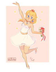  1girl arm_up artist_name blonde_hair blue_eyes border bouquet choker commentary dress earrings english_commentary eyelashes full_body heart holding holding_bouquet jewelry lips long_hair mini-crown official_alternate_costume outline pink_background piranha_plant princess_peach shoes signature simple_background smile solo sparkle standing standing_on_one_leg super_mario_bros. super_mario_odyssey vasira96 wedding_dress white_border white_choker white_dress white_outline white_shoes 