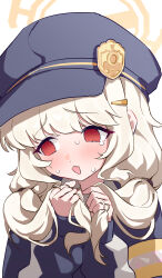  1girl absurdres aoba_(blue_archive) armband averting_eyes blonde_hair blue_archive blue_hat blue_jacket blush commentary fluffy_hair halo hands_in_own_hair hat highlander_railway_academy_logo highres jacket long_hair long_sleeves low_twintails newsboy_cap open_mouth orange_halo peaked_cap red_eyes shanqianqian_377 simple_background solo twintails upper_body white_background yellow_armband 