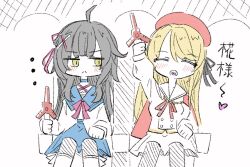  ... 2girls :< ^_^ ahoge arm_rest arm_up assault_lily beret black_hair black_ribbon blonde_hair blue_choker blue_sailor_collar blue_skirt blush boots cape chair choker closed_eyes closed_mouth commentary criss-cross_halter deformed facing_viewer feet_out_of_frame glowstick hair_ornament hair_ribbon halter_shirt halterneck hand_on_lap hat heart heart_in_mouth holding holding_glowstick jacket jitome lemie_alessandrini looking_at_another looking_to_the_side miniskirt multiple_girls neck_ribbon nogamo on_chair open_mouth outstretched_arm pink_ribbon red_cape red_hat ribbon sailor_collar school_uniform serafuku shirt sideways_glance sitting skirt spoken_heart translated tsukioka_chino v-shaped_eyebrows white_background white_boots white_jacket white_sailor_collar white_shirt white_skirt x_hair_ornament yellow_eyes 