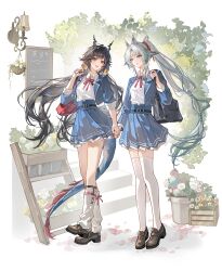  2girls absurdres alternate_costume animal_ears arcane_(arknights) arknights arknights:_endfield bird_ears bird_girl black_hair blue_eyes blue_horns blue_jacket blue_skirt blue_tail chen_qianyu_(arknights) chinese_commentary commentary_request dragon_girl dragon_horns dragon_tail eastern_dragon_horns eastern_dragon_tail facial_mark flower forehead_mark full_body grey_hair head_wings highres holding_hands horns jacket long_hair multicolored_hair multiple_girls open_mouth school_uniform shirt skirt tail thigh-highs twintails two-tone_hair white_shirt white_thighhighs wings yin01582942 
