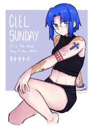  1girl arm_tattoo black_shorts blue_eyes blue_hair character_name ciel_(tsukihime) commentary crop_top cross_tattoo english_commentary glasses highres short_hair shorts tattoo tsukihime yorupei 
