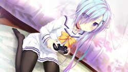  1girl :o bed black_pantyhose blue_eyes blue_hair bow bowtie buttons choker collarbone controller cross_hair_ornament da_capo da_capo_iv double-breasted dutch_angle game_asset game_controller hair_ornament hair_ribbon highres holding holding_controller holding_game_controller houjou_shiina indoors lapels leaning_forward long_hair long_sleeves looking_at_viewer miniskirt mitsumomo_mamu non-web_source official_art on_floor pantyhose pleated_skirt ribbon sailor_collar school_uniform serafuku shirt side_ponytail sitting skirt sleeve_cuffs striped_clothes wariza white_sailor_collar white_shirt white_skirt yellow_bow yellow_bowtie 