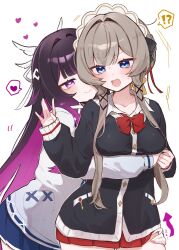  !? 2girls alternate_costume black_hair blue_eyes blush brown_hair columbina_(genshin_impact) enunu_7e genshin_impact heart highres hug hug_from_behind long_hair miniskirt multicolored_hair multiple_girls purple_hair sandrone_(genshin_impact) school_uniform short_hair_with_long_locks skirt spoken_heart very_long_hair violet_eyes white_headdress yuri 