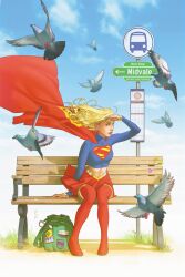  1girl bag bench bird blonde_hair blue_eyes blue_shirt blue_sky boots cape commentary day dc_comics english_commentary green_bag highres long_hair looking_to_the_side midriff outdoors park_bench pigeon red_boots red_cape red_skirt scott_forbes shirt sitting skirt sky solo supergirl superman_(series) thigh_boots 