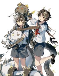  absurdres aged_down arknights black_hair black_sailor_collar black_shoes black_shorts brown_hair chinese_commentary chongyue_(arknights) closed_mouth colored_extremities commentary_request commission dragon_bean_(arknights) dragon_boy dragon_horns dragon_tail eastern_dragon_horns eastern_dragon_tail fur-tipped_tail hair_between_eyes heterochromia highres horns intertwined_tails loafers long_hair looking_at_viewer maisuiren male_focus multicolored_hair neckerchief open_mouth pointy_ears red_neckerchief sailor_collar sample_watermark shirt shoes short_sleeves shorts simple_background smile standing standing_on_one_leg streaked_hair tail wang_(arknights) watermark white_background white_shirt 