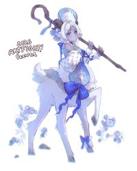  1girl animal_ears art_fight_attack blue_bonnet blue_eyes blue_ribbon bonnet braid centauroid colored_skin dress full_body gift_art grey_skin highres holding holding_staff hooves horizontal_pupils horns long_hair looking_at_viewer looking_back monster_girl neck_ribbon original peeweeart ribbon sheep_ears sheep_girl sheep_horns shepherd's_crook simple_background solo staff standing strapless strapless_dress tail taur twin_braids white_background white_dress white_hair 