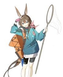  1girl absurdres amiya_(arknights) animal_charm animal_ear_fluff animal_ears arknights backpack bag bag_charm black_shorts blue_eyes blue_jacket brown_hair butterfly_net charm_(object) feet_out_of_frame fingerless_gloves gloves hair_between_eyes han_chi_zao_shui hand_net hands_up highres holding holding_butterfly_net hongshan_forest_zoo jacket long_hair long_sleeves looking_at_viewer official_alternate_costume open_mouth orange_bag pink_gloves pink_scarf rabbit_ears rabbit_girl scarf shorts simple_background smile solo standing white_background 