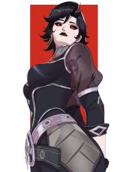  1girl belt black_hair black_lips breasts colored_sclera earrings highres jewelry jubilee looking_at_viewer marvel marvel_rivals milessart red_eyes red_sclera short_hair smile solo vampire x-men 