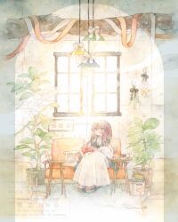  1girl aqua_sandals bag book ceiling_light commentary_request couch dress glasses green_eyes grey_hair highres holding holding_book indoors long_hair long_sleeves mura_(yoshishi_ff) on_couch original plant potted_plant puffy_long_sleeves puffy_sleeves sandals sitting solo table watermark white_dress window 