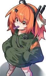  1girl a.i._voice adachi_rei alternate_costume android black_hairband black_sweater cable commentary_request datemegane flat_chest foot_out_of_frame hair_between_eyes hair_ribbon hairband hands_in_pockets headphones highres long_sleeves looking_ahead mouth_hold orange_eyes orange_hair radio_antenna ribbon shadow side_ponytail solo sweater teeth upper_teeth_only usb utau white_background white_ribbon 