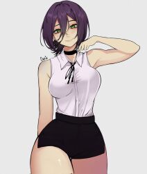  1girl arm_up artist_name bow breasts chainsaw_man choker commentary curvy english_commentary green_eyes highres large_breasts looking_at_viewer meloncallie11 miniskirt o-ring o-ring_choker purple_hair reze_(chainsaw_man) shirt short_hair skirt sleeveless tagme thick_thighs thighs walking white_shirt 
