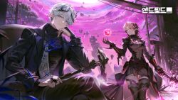  1boy 1girl ardashir_(arknights) arknights arknights:_endfield black_pants blue_eyes blue_jacket breasts cane closed_mouth commentary_request copyright_logo copyright_notice highres holding holding_cane jacket korean_commentary logo long_hair looking_at_viewer medium_breasts mole mole_under_each_eye mole_under_eye multiple_boys multiple_moles nefarith_(arknights) object_floating_above_hand official_art pants pointy_ears purple_hair purple_sky red_eyes ryugisa short_hair sitting sky smile turtleneck white_hair 