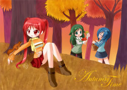  3girls animal animal_on_arm autumn black_pants boots brown_boots closed_eyes commentary dated denim denim_skirt english_commentary english_text grass green_eyes green_hair happy holding holding_animal holding_mushroom knees_together_feet_apart long_hair medium_hair miniskirt multiple_girls mushroom open_mouth orange_sweater orange_theme original outdoors outstretched_arm pants red_eyes red_hair red_skirt scarf shirt short_twintails signature sitting skirt smile squirrel standing striped_clothes striped_shirt sweater tree twilight twintails white_sweater wing_yun_man yellow_scarf 