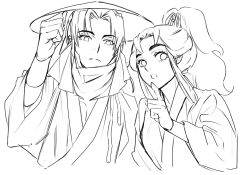  2boys commentary_request gloves greyscale hand_up hat highres index_finger_raised japanese_clothes kimono monochrome multiple_boys parted_bangs ponytail rakudai_ninja_rantarou rice_hat sidelocks sketch umeko_(sherlolly) 