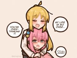  2girls ahoge blonde_hair blue_eyes bocchi_the_rock! commentary cube_hair_ornament english_commentary english_text gotoh_hitori hair_between_eyes hair_ornament head_on_head head_rest highres hug ijichi_nijika jacket long_hair long_sleeves multiple_girls one_side_up open_mouth pink_hair pink_jacket shimejimee shirt side_ponytail simple_background speech_bubble track_jacket twitter_username 