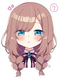 1girl ? alternate_hairstyle blue_gem blush bow bowtie braid brown_hair collar commentary_request gem green_eyes highres kanade_0827 long_hair looking_at_viewer nijisanji open_mouth pink_bow pink_bowtie purple_bow purple_bowtie simple_background solo spoken_question_mark striped_bow striped_bowtie striped_clothes suzuhara_lulu suzuhara_lulu_(1st_costume) swept_bangs twin_braids twintails two-tone_bow two-tone_bowtie virtual_youtuber white_background white_collar 