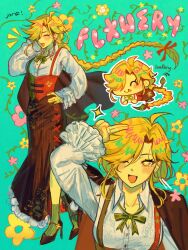  1girl absurdres blonde_hair braid breasts brown_skirt cape character_name closed_eyes collared_shirt commentary corset deltarune flower flower_in_eye flowery_(deltarune) frilled_sleeves frills genderswap genderswap_(mtf) green_corset green_ribbon hair_ornament hair_ribbon high_heels highres holding holding_unworn_cape holding_unworn_clothes leaf_hair_ornament long_hair long_skirt long_sleeves multiple_views neck_ribbon one_eye_closed open_mouth orange_corset pink_flower red_ribbon ribbon salute shirt single_braid skirt smile socks ssyyk1sk symbol_in_eye two-finger_salute two-tone_corset unworn_cape utdr_(toby_fox) very_long_hair white_shirt yellow_eyes yellow_flower 