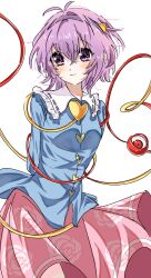  1girl absurdres arms_behind_back blue_shirt buttons chinese_commentary collared_shirt commentary_request disembodied_linked_eye eyeball floral_print frilled_shirt_collar frilled_sleeves frills hair_ornament hairband hato_tototo heart heart_button heart_hair_ornament heart_of_string highres komeiji_satori long_sleeves pink_eyes pink_hair pink_skirt print_skirt ribbon-trimmed_collar ribbon_trim rose_print shirt simple_background skirt solo touhou white_background wide_sleeves 
