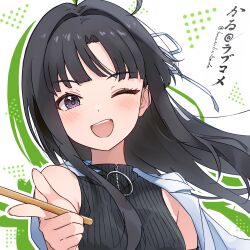  1girl ahoge awa_subaru black_hair black_sweater blush commentary_request drop_shadow drumsticks eyelashes fingernails girls_band_cry hair_intakes hair_ribbon holding holding_drumsticks jacket jacket_on_shoulders karu_(calpis8222) long_hair one_eye_closed open_mouth outline portrait ribbon sidelocks single_bare_shoulder sleeveless sleeveless_sweater smile solo sweater teeth translation_request twitter_username upper_teeth_only violet_eyes white_background white_jacket white_outline white_ribbon 