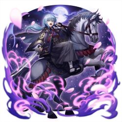  1other artist_request aura black_gloves black_hakama black_skirt blue_hair clouds cloudy_sky dark_aura falling_petals fingerless_gloves flip-flops floating_hair frown full_body full_moon game_asset gloves gradient_clothes gradient_hakama gradient_skirt grand_summoners grey_hakama grey_sandals grey_skirt hakama hakama_skirt hand_up haori holding holding_sword holding_weapon horseback_riding japanese_clothes katana kimono long_hair looking_ahead moon night official_alternate_costume official_art outline petals pink_petals purple_haori purple_kimono purple_sky riding rimuru_tempest samurai sandals simple_background skirt sky socks solo standing sword tabi tensei_shitara_slime_datta_ken transparent_background two-tone_hakama two-tone_skirt v-shaped_eyebrows weapon white_horse white_outline white_socks 