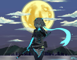  1girl badge belt_pouch black_bodysuit black_jacket black_shorts blue_eyes blue_gloves bodysuit button_badge commentary_request cropped_jacket gloves glowing grey_hair hair_ornament highres holding holding_sword holding_weapon icey icey_(game) jacket lanaj looking_at_viewer neon_trim pouch shorts solo sword weapon 