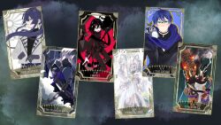  2girls 4boys aqua_eyes artist_collaboration black_bow black_cloak black_gloves black_hair black_jacket black_mask black_pants black_pantyhose black_shirt black_shoes black_skirt blue_hair blue_scarf blunt_sidelocks bow braid burning burning_building card_(medium) cauhdp chain cloak closed_eyes closed_mouth coat commentary_request creature creature_on_shoulder cup death_(tarot) dress english_text falling glasses gloves green_background green_eyes hair_bow hair_over_one_eye highres holding holding_cup holding_scythe iy_5iu jacket justice_(tarot) kenmochi_touya lapels leos_vincent lightning long_hair looking_at_viewer low_twin_braids mameneko_(leos_vincent) mashiro_meme mask medium_hair miniskirt mouth_mask multiple_boys multiple_girls nagao_kei nijisanji official_alternate_costume on_shoulder open_mouth oy1xf pants pantyhose ponytail popuchapi pouring purple_background purple_hair red_cloak red_scarf roman_numeral scarf scythe shirt shoes short_hair sidelocks skirt smile sukoya_kana tarot tarot_(medium) temperance_(tarot) the_devil_(tarot) the_hanged_man_(tarot) the_tower_(tarot) tknk1806 tower twin_braids two-sided_cloak two-sided_fabric two-tone_background unworn_cloak upside-down utu_end virtual_youtuber white_coat white_dress white_hair white_jacket yellow_eyes yuuki_chihiro 