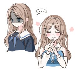  ... 1girl aa_seira bang_dream! bang_dream!_it's_mygo!!!!! blue_eyes blue_shirt blush brown_hair closed_eyes closed_mouth commentary korean_commentary long_hair multiple_views nagasaki_soyo school_uniform shirt simple_background spoken_ellipsis steepled_fingers tsukinomori_school_uniform upper_body white_background 