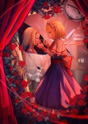  1girl alice_margatroid analog_clock applying_another's_makeup applying_makeup blonde_hair blue_dress broken_glass capelet character_doll chinese_commentary clock closed_mouth commentary_request curtains doll dress expressionless flower frilled_hairband frilled_wrist_cuffs frills glass hairband highres holding holding_brush holding_makeup_brush makeup_brush red_flower red_hairband red_rose red_sash red_wrist_cuffs rose sash solo touhou waist_sash white_capelet wrist_cuffs xing_ning yellow_eyes 