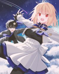  1boy 1girl :d absurdres ahoge alternate_costume antenna_hair arcueid_brunestud arms_at_sides aro_1801 black_eyes black_hair black_jacket black_pants black_pantyhose black_shirt blonde_hair blue_bow blue_necktie blush bow breasts clouds collared_shirt colored_skin commentary_request dress_bow floating floating_hair frilled_sleeves frills glasses gold_trim highres jacket looking_at_another looking_at_viewer messy_hair midair multicolored_skin necktie open_clothes open_jacket open_mouth pants pantyhose red_eyes shirt shooting_star short_hair shrug_(clothing) single_hair_intake skirt sky smile sparkle star_(sky) star_(symbol) starry_sky sweat tohno_shiki tsukihime tsukihime_(remake) two-tone_skin white_bow white_shirt white_shrug white_skirt wing_collar 