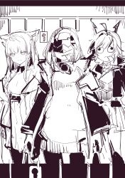 3girls absurdres arknights arknights:_endfield chen_qianyu_(arknights) commentary_request dragon_girl dragon_horns endministrator_(arknights) female_endministrator_(arknights) googly_eyes highres horns mask monochrome multiple_girls perlica_(arknights) smile tongue tongue_out yoto_(rinlin2) 