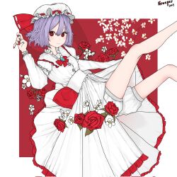  1girl arm_up artist_name back_bow bloomers blue_gem border bow bowtie brooch cherry_blossoms closed_mouth clothes_lift collar commentary corrupted_twitter_file dated different_shadow double-parted_bangs dress dress_lift feet_out_of_frame flower frilled_collar frilled_dress frilled_hat frilled_sleeves frills gem hair_between_eyes hat hat_bow highres holding_own_dress jewelry legs_up light_smile long_sleeves looking_at_viewer mob_cap nail_polish outside_border purple_hair red_background red_bow red_bowtie red_eyes red_flower red_nails red_rose red_trim remilia_scarlet rose short_hair signature slit_pupils solo swept_bangs touhou untranslatable_commentary urplep36568 white_bloomers white_border white_dress white_flower white_hat 