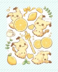  :3 blush_stickers commentary_request diagonal-striped_background food fruit heart heart-shaped_food highres lemon lemon_slice mimikyu pokemon pokemon_(creature) pokemon_focus ribbon sprout striped_background temariame14 yellow_ribbon 