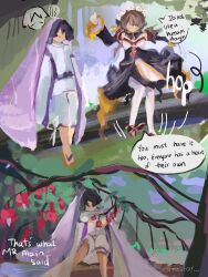  1boy 1girl absurdres alternate_universe artist_name black_bow black_dress black_hair black_sleeves blunt_ends bonnet bow branch brooch brown_hair brown_sandals detached_collar detached_sleeves dress english_text faceless faceless_female faceless_male facing_another facing_down flower forest frilled_sleeves frills gem genshin_impact geta high_heels highres japanese_clothes jewelry kariginu layered_sleeves nature outdoors pants pantyhose pelvic_curtain purple_sleeves purple_veil red_flower red_gem red_trim sandals sandrone_(genshin_impact) scaramouche_(genshin_impact) scaramouche_(kabukimono)_(genshin_impact) scarastar short_hair short_hair_with_long_locks sidelocks sitting speech_bubble veil watercolor_effect white_bonnet white_pants white_pantyhose white_sleeves 