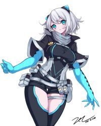  1girl animal_ears badge belt_pouch black_bodysuit black_jacket black_shorts blue_eyes blue_gloves bodysuit button_badge cropped_jacket dated fake_animal_ears gloves grey_hair hair_ornament icey icey_(game) jacket pouch scarlet_zel shorts signature simple_background solo 